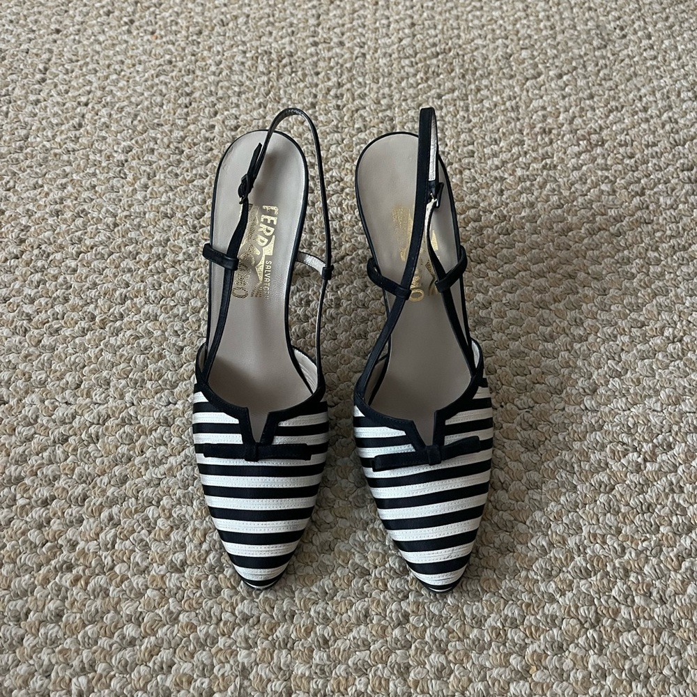 Salvatore Ferragamo Women’s Black and White Stripped Heels 10